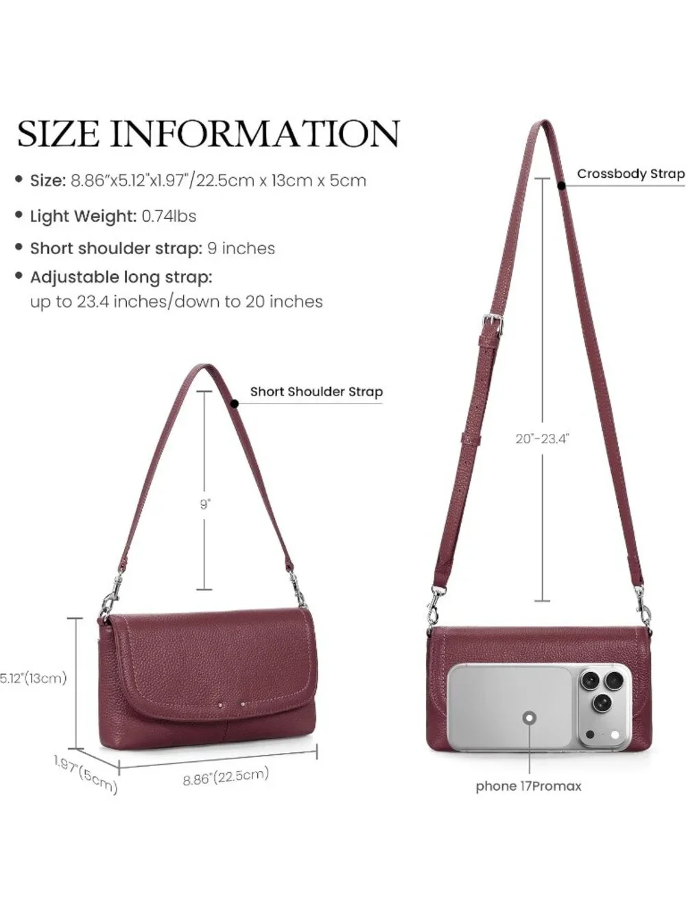 👜Women's Burgundy Genuine Leather Crossbody Bag RFID Wallet Trendy Phone Purse
